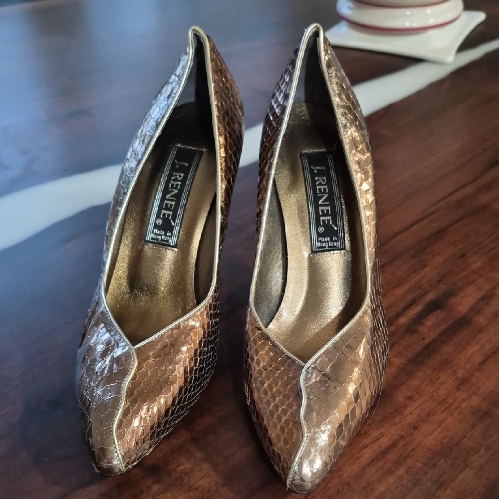 J.Renee Metallic Bronze Snake-Embossed Pointed Pumps